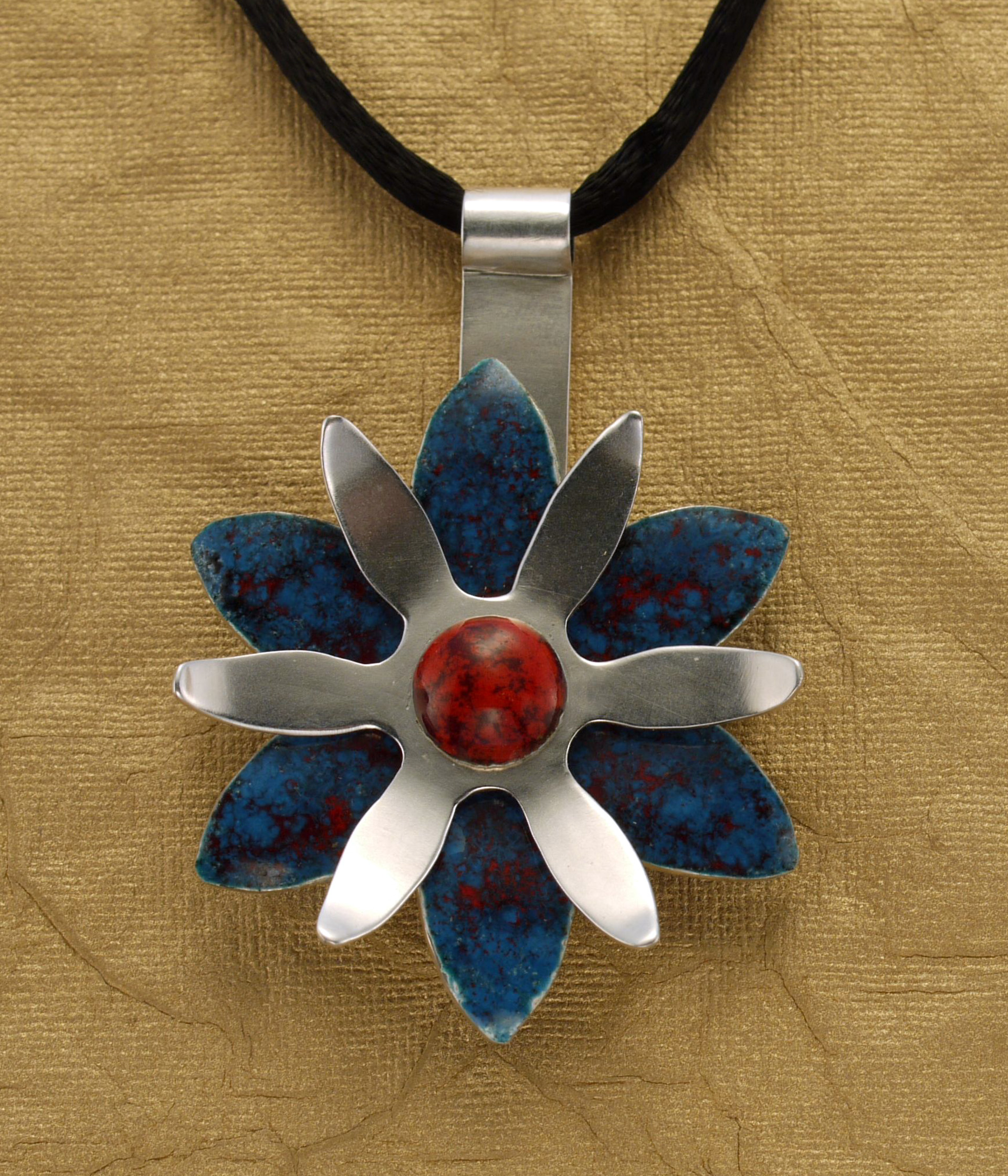 Red and Blue Enamel and Silver Flower